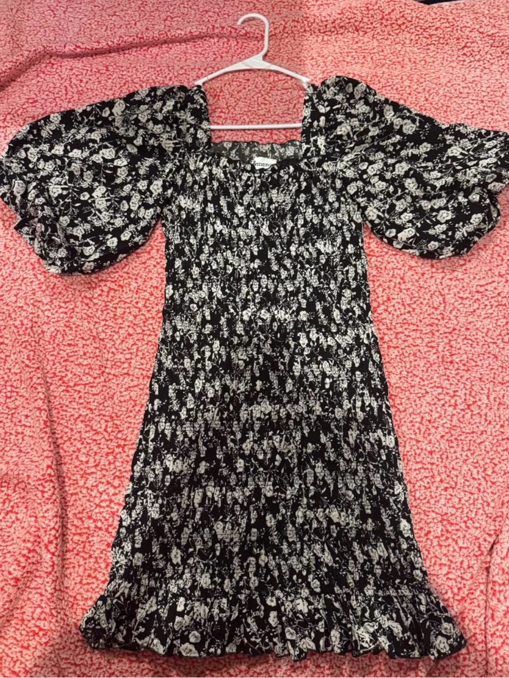 Black & White Floral Smocked Puff-Sleeve Kids Dress